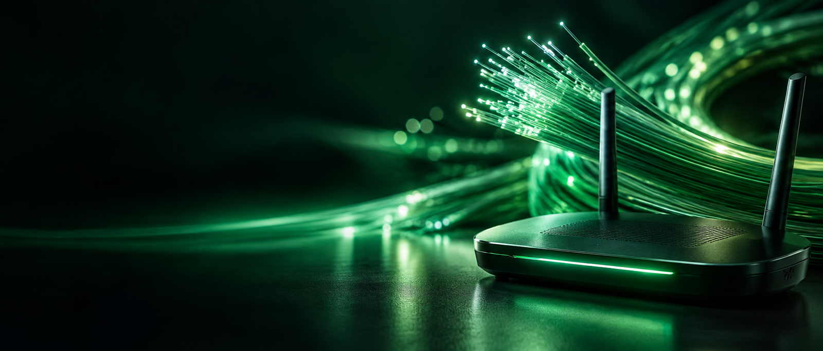 Roteador conectado a cabos de fibra óptica iluminados